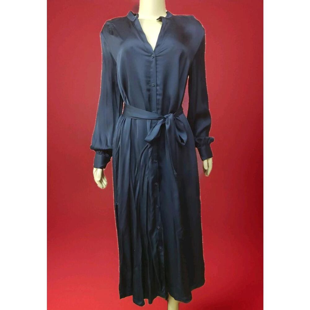 H&M Navy Blue Satin Women's Size 8 Midi Belted Dress Buttons Up W/Pockets NWT #C